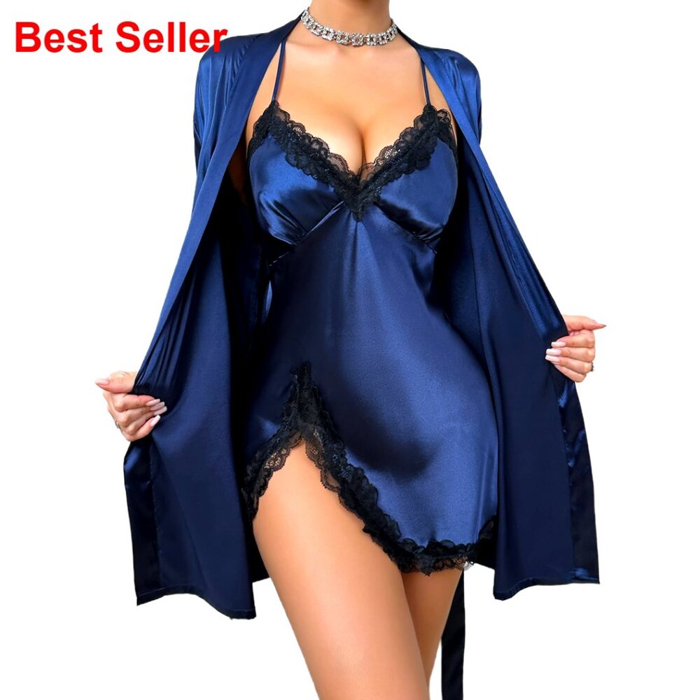 Satin Silk Pajama Set With Lace Cami And Kimono Robe Nightwear